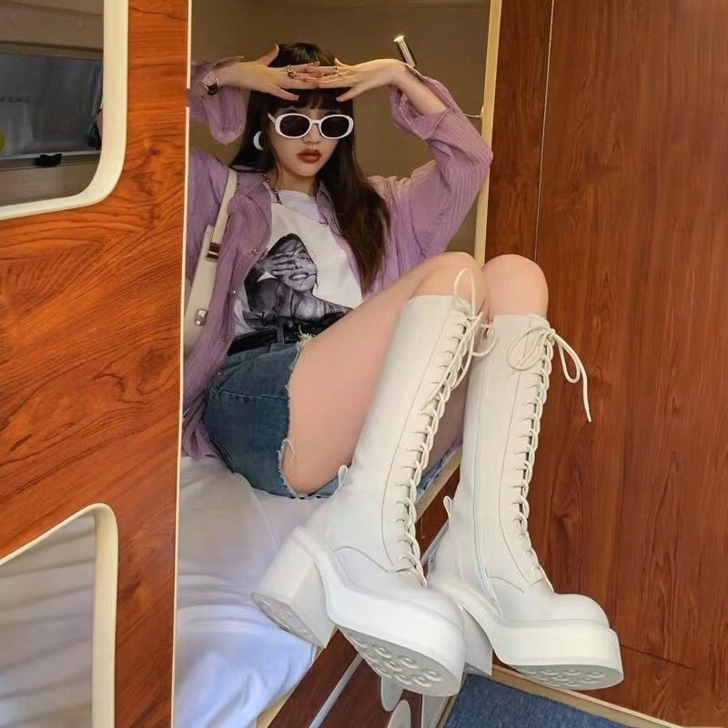 White  Boots Thick Bottom High - Pipe Bending Spring 리뷰 및 가격
